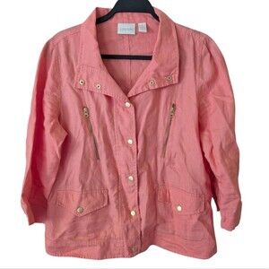 Chico's Coral Pink Linen Gold Zipper Lightweight Jacket Size 1 (Medium)